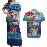 Fiji Marau na Kerisimasi Couples Matching Off Shoulder Maxi Dress and Hawaiian Shirt Christmas Collared Lory - Fiji Emblems and Xmas Palm Tree Tapa Art Pattern LT03 Blue - Polynesian Pride