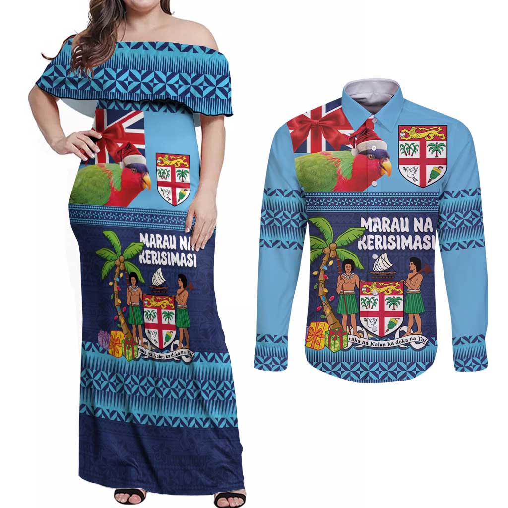Fiji Marau na Kerisimasi Couples Matching Off Shoulder Maxi Dress and Long Sleeve Button Shirt Christmas Collared Lory - Fiji Emblems and Xmas Palm Tree Tapa Art Pattern LT03 Blue - Polynesian Pride