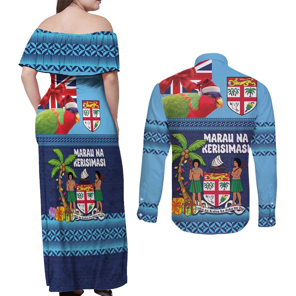 Fiji Marau na Kerisimasi Couples Matching Off Shoulder Maxi Dress and Long Sleeve Button Shirt Christmas Collared Lory - Fiji Emblems and Xmas Palm Tree Tapa Art Pattern LT03 - Polynesian Pride