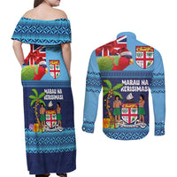Fiji Marau na Kerisimasi Couples Matching Off Shoulder Maxi Dress and Long Sleeve Button Shirt Christmas Collared Lory - Fiji Emblems and Xmas Palm Tree Tapa Art Pattern LT03 - Polynesian Pride