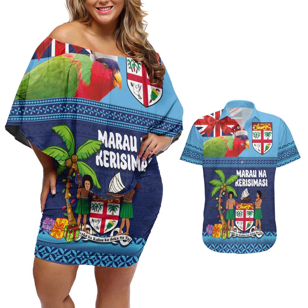 Fiji Marau na Kerisimasi Couples Matching Off Shoulder Short Dress and Hawaiian Shirt Christmas Collared Lory - Fiji Emblems and Xmas Palm Tree Tapa Art Pattern LT03 Blue - Polynesian Pride