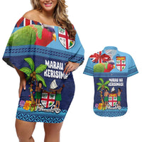 Fiji Marau na Kerisimasi Couples Matching Off Shoulder Short Dress and Hawaiian Shirt Christmas Collared Lory - Fiji Emblems and Xmas Palm Tree Tapa Art Pattern LT03 Blue - Polynesian Pride