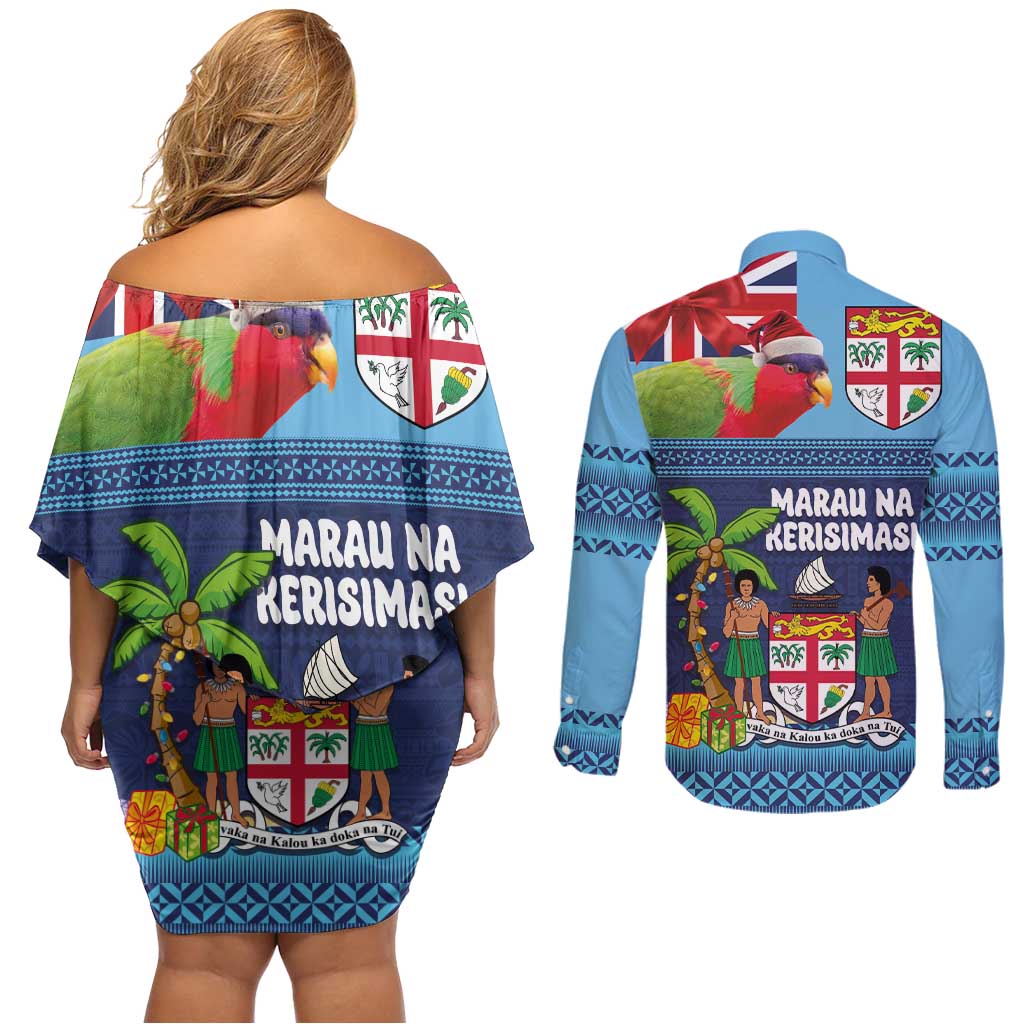 Fiji Marau na Kerisimasi Couples Matching Off Shoulder Short Dress and Long Sleeve Button Shirt Christmas Collared Lory - Fiji Emblems and Xmas Palm Tree Tapa Art Pattern LT03 - Polynesian Pride