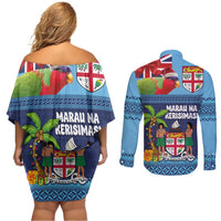 Fiji Marau na Kerisimasi Couples Matching Off Shoulder Short Dress and Long Sleeve Button Shirt Christmas Collared Lory - Fiji Emblems and Xmas Palm Tree Tapa Art Pattern LT03 - Polynesian Pride