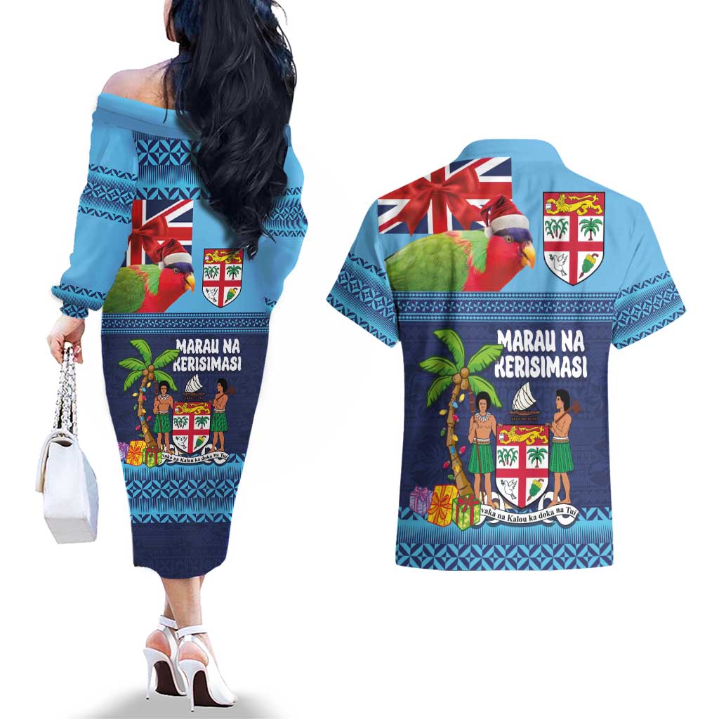 Fiji Marau na Kerisimasi Couples Matching Off The Shoulder Long Sleeve Dress and Hawaiian Shirt Christmas Collared Lory - Fiji Emblems and Xmas Palm Tree Tapa Art Pattern LT03 - Polynesian Pride