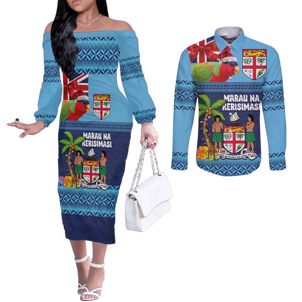 Fiji Marau na Kerisimasi Couples Matching Off The Shoulder Long Sleeve Dress and Long Sleeve Button Shirt Christmas Collared Lory - Fiji Emblems and Xmas Palm Tree Tapa Art Pattern LT03 Blue - Polynesian Pride