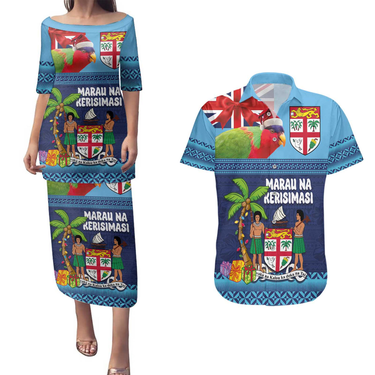 Fiji Marau na Kerisimasi Couples Matching Puletasi and Hawaiian Shirt Christmas Collared Lory - Fiji Emblems and Xmas Palm Tree Tapa Art Pattern LT03 Blue - Polynesian Pride
