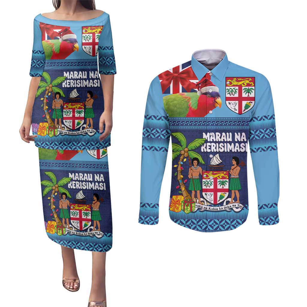 Fiji Marau na Kerisimasi Couples Matching Puletasi and Long Sleeve Button Shirt Christmas Collared Lory - Fiji Emblems and Xmas Palm Tree Tapa Art Pattern LT03 Blue - Polynesian Pride