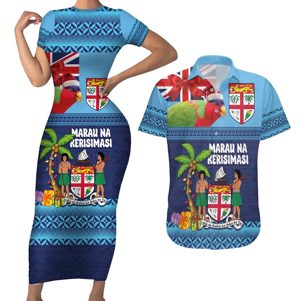 Fiji Marau na Kerisimasi Couples Matching Short Sleeve Bodycon Dress and Hawaiian Shirt Christmas Collared Lory - Fiji Emblems and Xmas Palm Tree Tapa Art Pattern LT03 Blue - Polynesian Pride