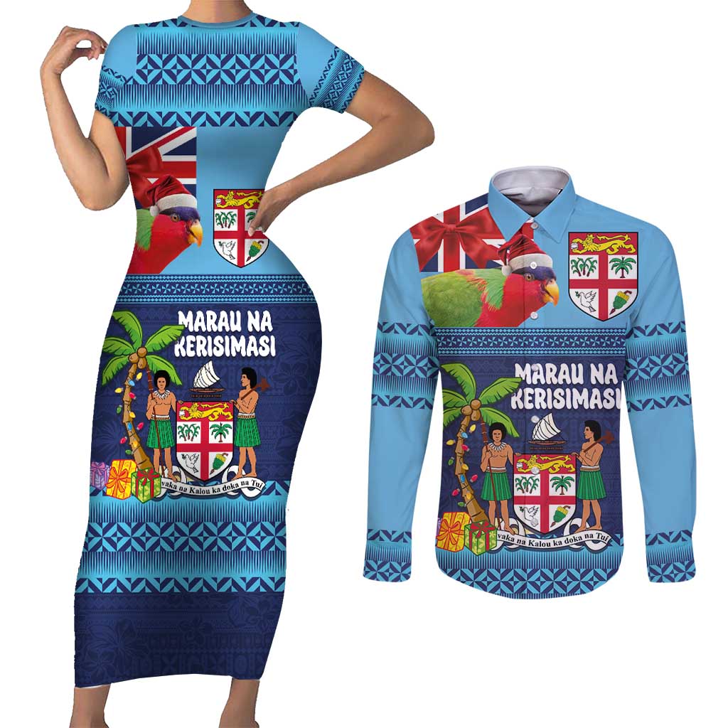 Fiji Marau na Kerisimasi Couples Matching Short Sleeve Bodycon Dress and Long Sleeve Button Shirt Christmas Collared Lory - Fiji Emblems and Xmas Palm Tree Tapa Art Pattern LT03 Blue - Polynesian Pride