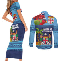 Fiji Marau na Kerisimasi Couples Matching Short Sleeve Bodycon Dress and Long Sleeve Button Shirt Christmas Collared Lory - Fiji Emblems and Xmas Palm Tree Tapa Art Pattern LT03 - Polynesian Pride