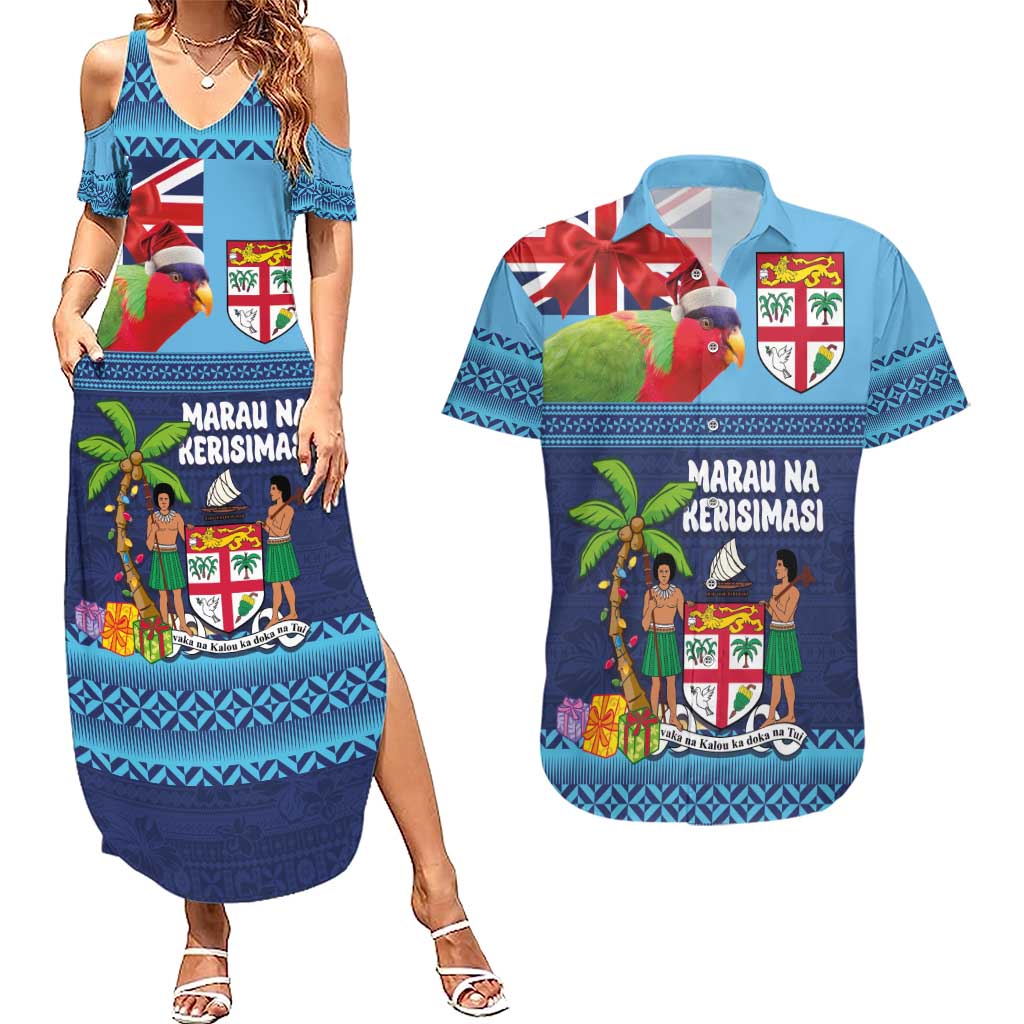 Fiji Marau na Kerisimasi Couples Matching Summer Maxi Dress and Hawaiian Shirt Christmas Collared Lory - Fiji Emblems and Xmas Palm Tree Tapa Art Pattern LT03 Blue - Polynesian Pride