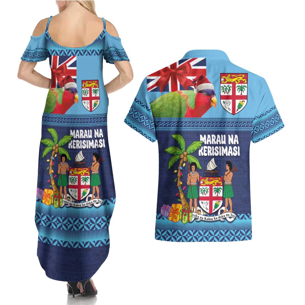 Fiji Marau na Kerisimasi Couples Matching Summer Maxi Dress and Hawaiian Shirt Christmas Collared Lory - Fiji Emblems and Xmas Palm Tree Tapa Art Pattern LT03 - Polynesian Pride