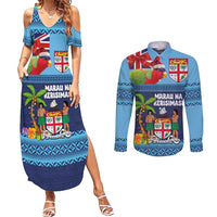 Fiji Marau na Kerisimasi Couples Matching Summer Maxi Dress and Long Sleeve Button Shirt Christmas Collared Lory - Fiji Emblems and Xmas Palm Tree Tapa Art Pattern LT03 Blue - Polynesian Pride