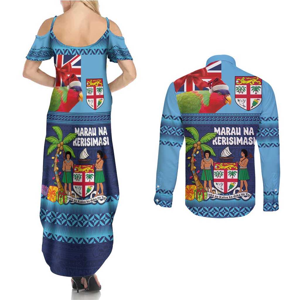 Fiji Marau na Kerisimasi Couples Matching Summer Maxi Dress and Long Sleeve Button Shirt Christmas Collared Lory - Fiji Emblems and Xmas Palm Tree Tapa Art Pattern LT03 - Polynesian Pride