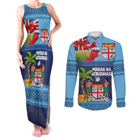 Fiji Marau na Kerisimasi Couples Matching Tank Maxi Dress and Long Sleeve Button Shirt Christmas Collared Lory - Fiji Emblems and Xmas Palm Tree Tapa Art Pattern LT03 Blue - Polynesian Pride