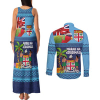 Fiji Marau na Kerisimasi Couples Matching Tank Maxi Dress and Long Sleeve Button Shirt Christmas Collared Lory - Fiji Emblems and Xmas Palm Tree Tapa Art Pattern LT03 - Polynesian Pride