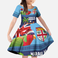Fiji Marau na Kerisimasi Family Matching Long Sleeve Bodycon Dress and Hawaiian Shirt Christmas Collared Lory - Fiji Emblems and Xmas Palm Tree Tapa Art Pattern LT03 Daughter's Dress Blue - Polynesian Pride