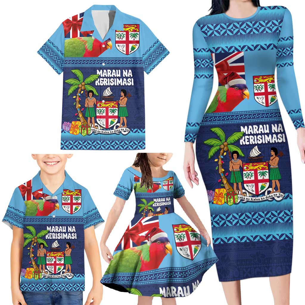 Fiji Marau na Kerisimasi Family Matching Long Sleeve Bodycon Dress and Hawaiian Shirt Christmas Collared Lory - Fiji Emblems and Xmas Palm Tree Tapa Art Pattern LT03 - Polynesian Pride