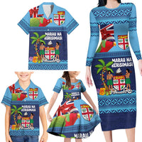 Fiji Marau na Kerisimasi Family Matching Long Sleeve Bodycon Dress and Hawaiian Shirt Christmas Collared Lory - Fiji Emblems and Xmas Palm Tree Tapa Art Pattern LT03 - Polynesian Pride