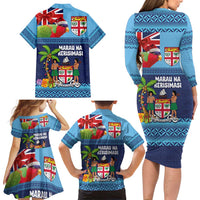 Fiji Marau na Kerisimasi Family Matching Long Sleeve Bodycon Dress and Hawaiian Shirt Christmas Collared Lory - Fiji Emblems and Xmas Palm Tree Tapa Art Pattern LT03 - Polynesian Pride