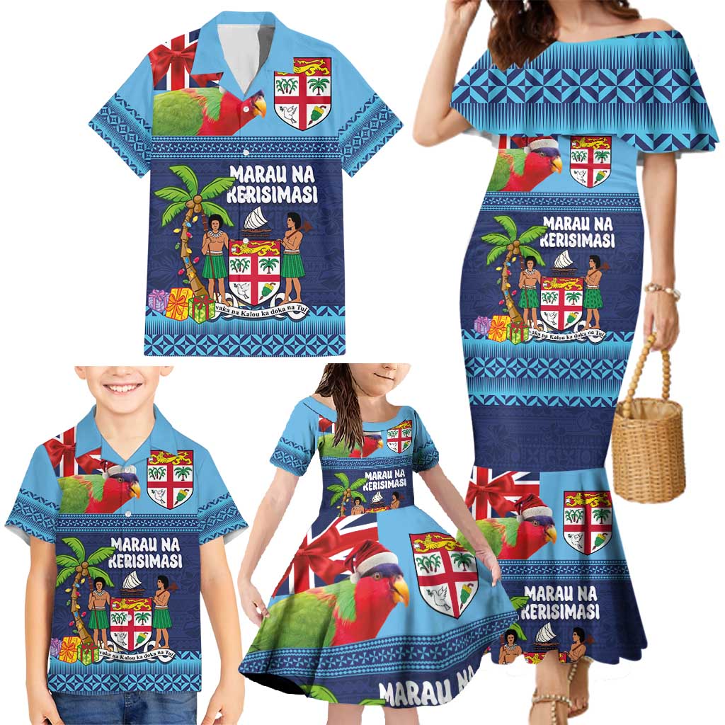 Fiji Marau na Kerisimasi Family Matching Mermaid Dress and Hawaiian Shirt Christmas Collared Lory - Fiji Emblems and Xmas Palm Tree Tapa Art Pattern LT03 - Polynesian Pride