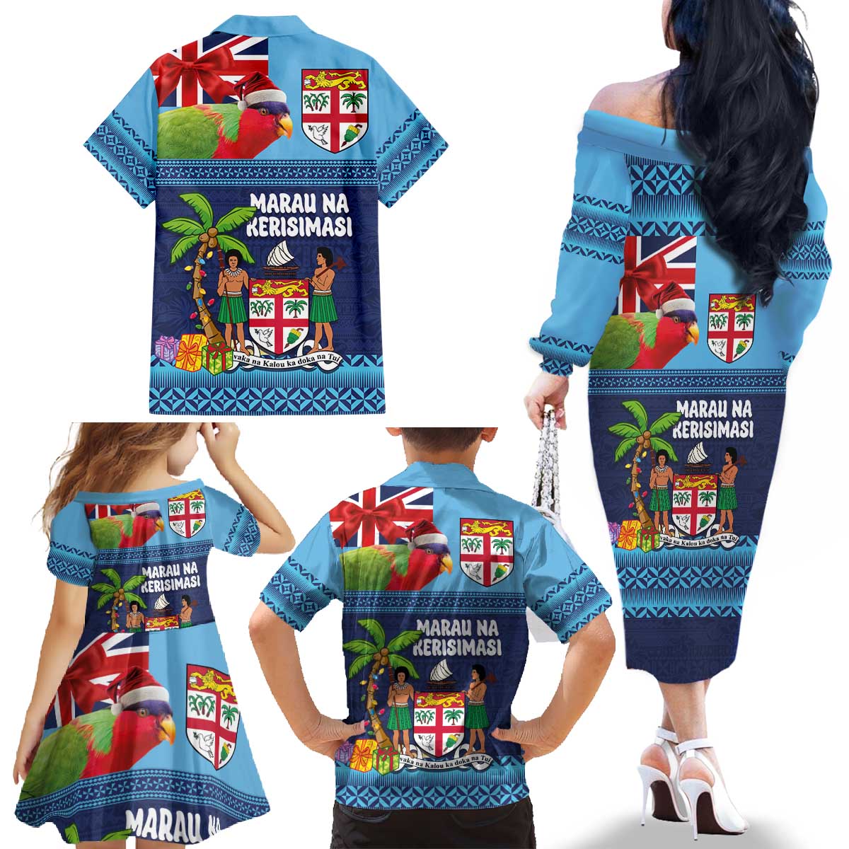 Fiji Marau na Kerisimasi Family Matching Off The Shoulder Long Sleeve Dress and Hawaiian Shirt Christmas Collared Lory - Fiji Emblems and Xmas Palm Tree Tapa Art Pattern LT03 - Polynesian Pride