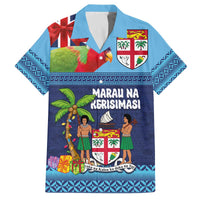 Fiji Marau na Kerisimasi Family Matching Off The Shoulder Long Sleeve Dress and Hawaiian Shirt Christmas Collared Lory - Fiji Emblems and Xmas Palm Tree Tapa Art Pattern LT03 Dad's Shirt - Short Sleeve Blue - Polynesian Pride