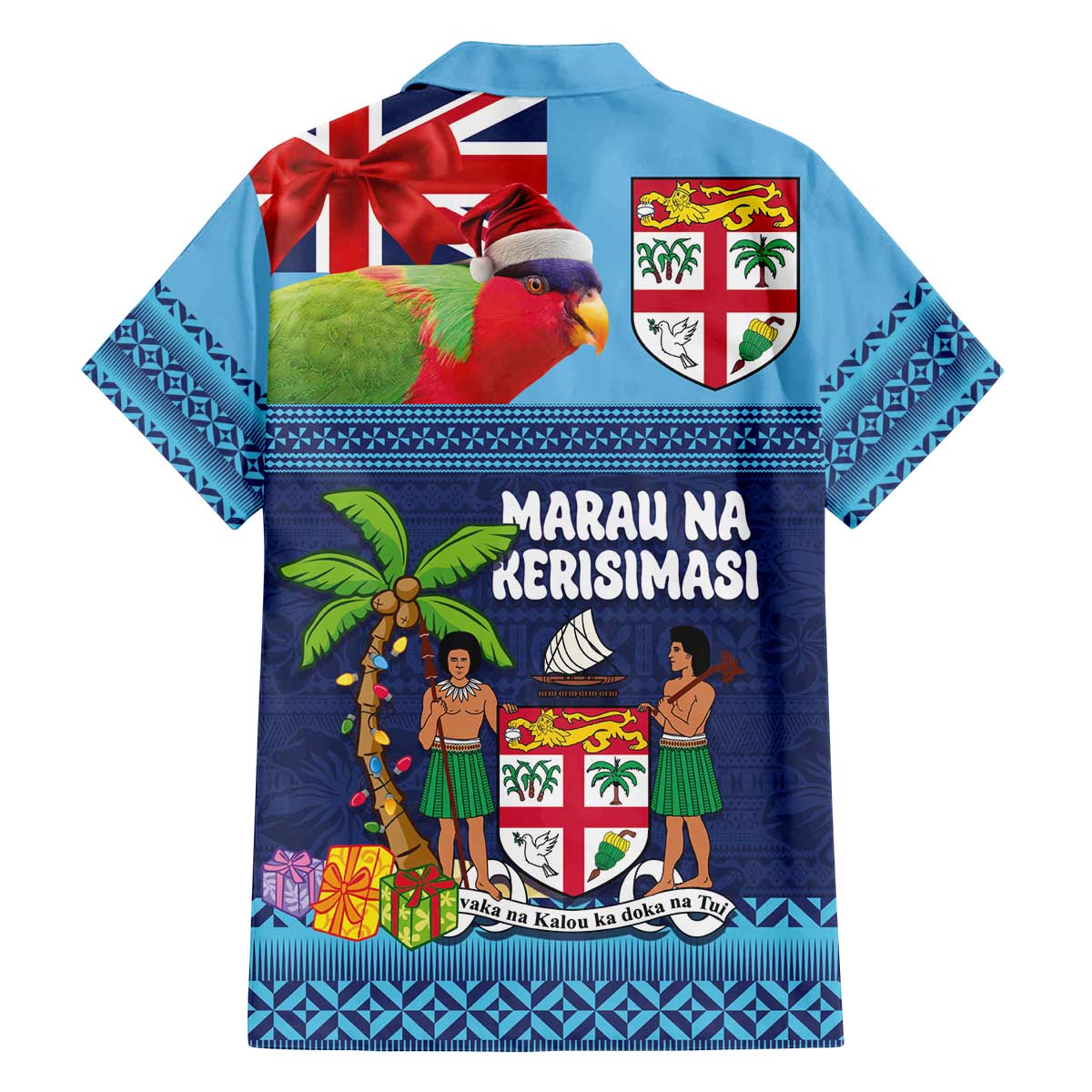 Fiji Marau na Kerisimasi Family Matching Off The Shoulder Long Sleeve Dress and Hawaiian Shirt Christmas Collared Lory - Fiji Emblems and Xmas Palm Tree Tapa Art Pattern LT03 - Polynesian Pride
