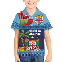 Fiji Marau na Kerisimasi Family Matching Off The Shoulder Long Sleeve Dress and Hawaiian Shirt Christmas Collared Lory - Fiji Emblems and Xmas Palm Tree Tapa Art Pattern LT03 Son's Shirt Blue - Polynesian Pride
