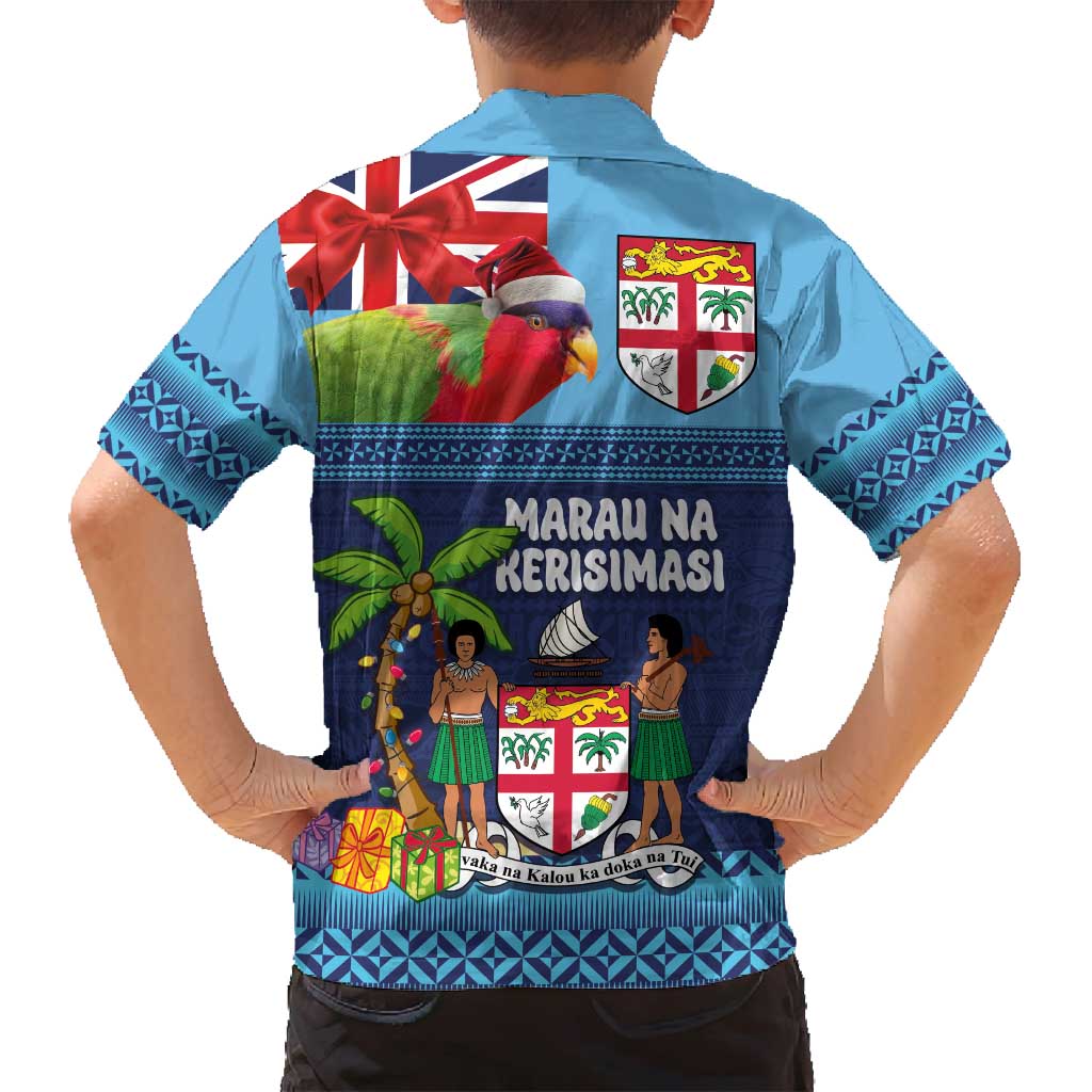 Fiji Marau na Kerisimasi Family Matching Off Shoulder Maxi Dress and Hawaiian Shirt Christmas Collared Lory - Fiji Emblems and Xmas Palm Tree Tapa Art Pattern LT03 - Polynesian Pride