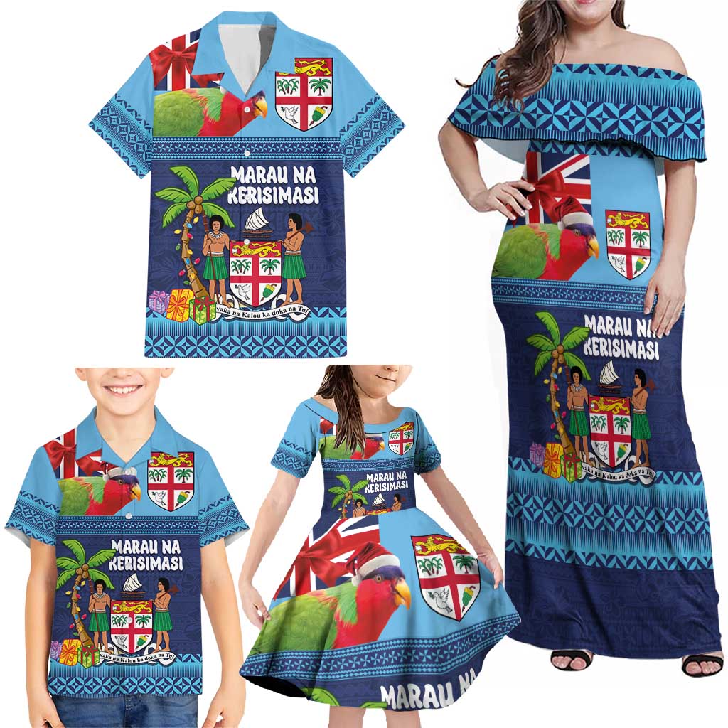 Fiji Marau na Kerisimasi Family Matching Off Shoulder Maxi Dress and Hawaiian Shirt Christmas Collared Lory - Fiji Emblems and Xmas Palm Tree Tapa Art Pattern LT03 - Polynesian Pride