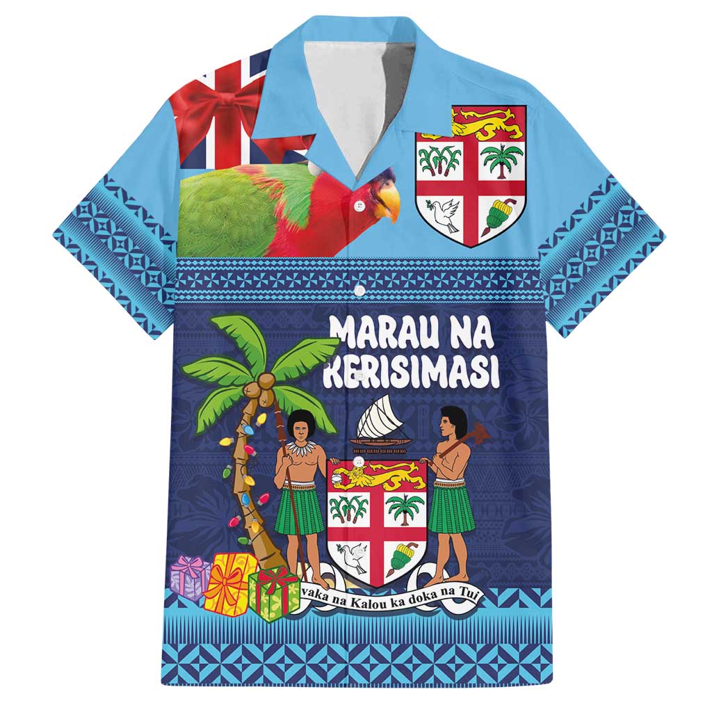 Fiji Marau na Kerisimasi Family Matching Off Shoulder Maxi Dress and Hawaiian Shirt Christmas Collared Lory - Fiji Emblems and Xmas Palm Tree Tapa Art Pattern LT03 Dad's Shirt - Short Sleeve Blue - Polynesian Pride