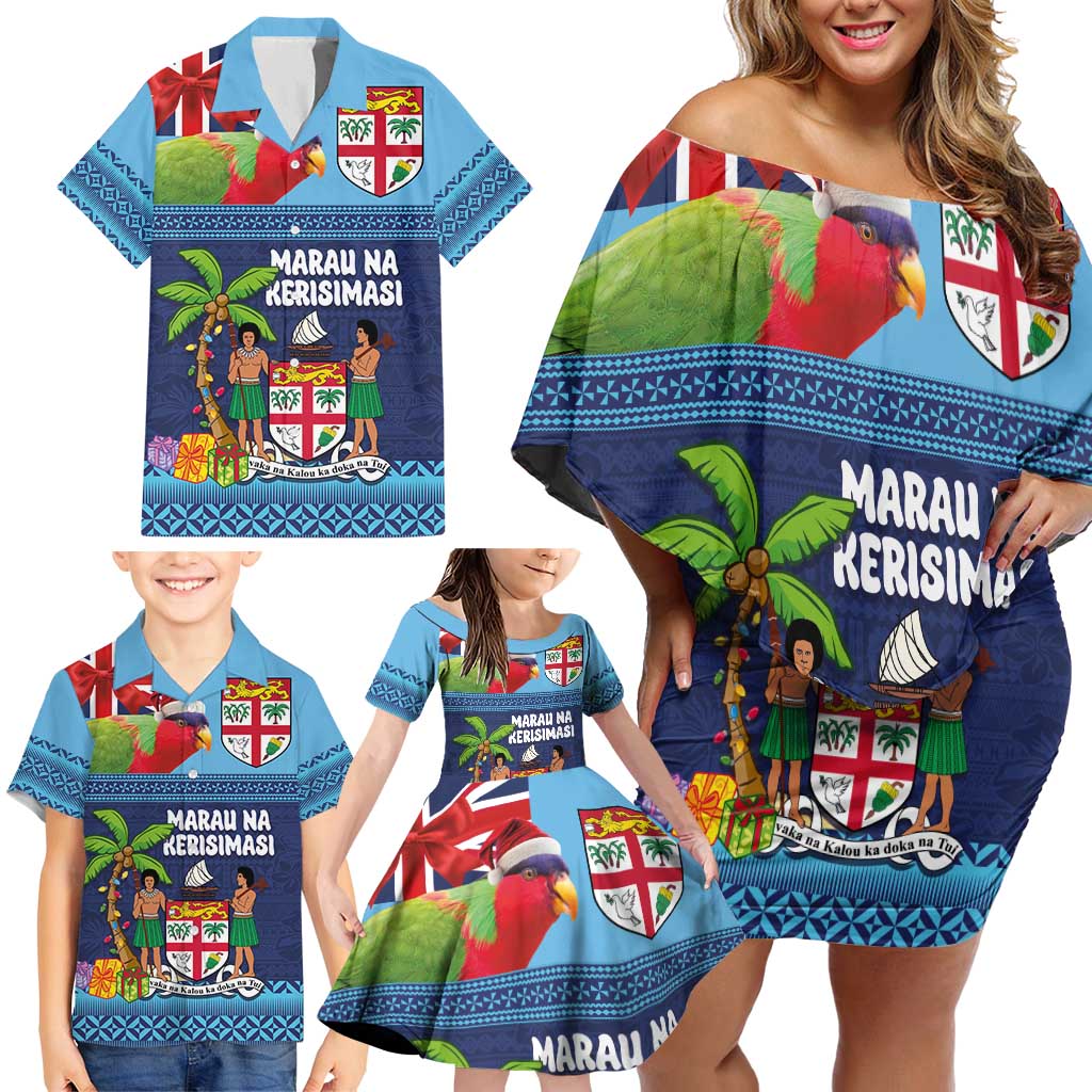 Fiji Marau na Kerisimasi Family Matching Off Shoulder Short Dress and Hawaiian Shirt Christmas Collared Lory - Fiji Emblems and Xmas Palm Tree Tapa Art Pattern LT03 - Polynesian Pride