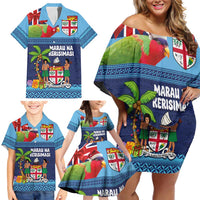 Fiji Marau na Kerisimasi Family Matching Off Shoulder Short Dress and Hawaiian Shirt Christmas Collared Lory - Fiji Emblems and Xmas Palm Tree Tapa Art Pattern LT03 - Polynesian Pride