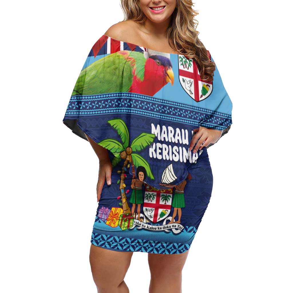 Fiji Marau na Kerisimasi Family Matching Off Shoulder Short Dress and Hawaiian Shirt Christmas Collared Lory - Fiji Emblems and Xmas Palm Tree Tapa Art Pattern LT03 Mom's Dress Blue - Polynesian Pride