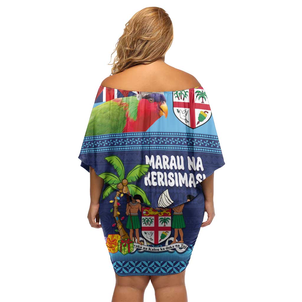 Fiji Marau na Kerisimasi Family Matching Off Shoulder Short Dress and Hawaiian Shirt Christmas Collared Lory - Fiji Emblems and Xmas Palm Tree Tapa Art Pattern LT03 - Polynesian Pride