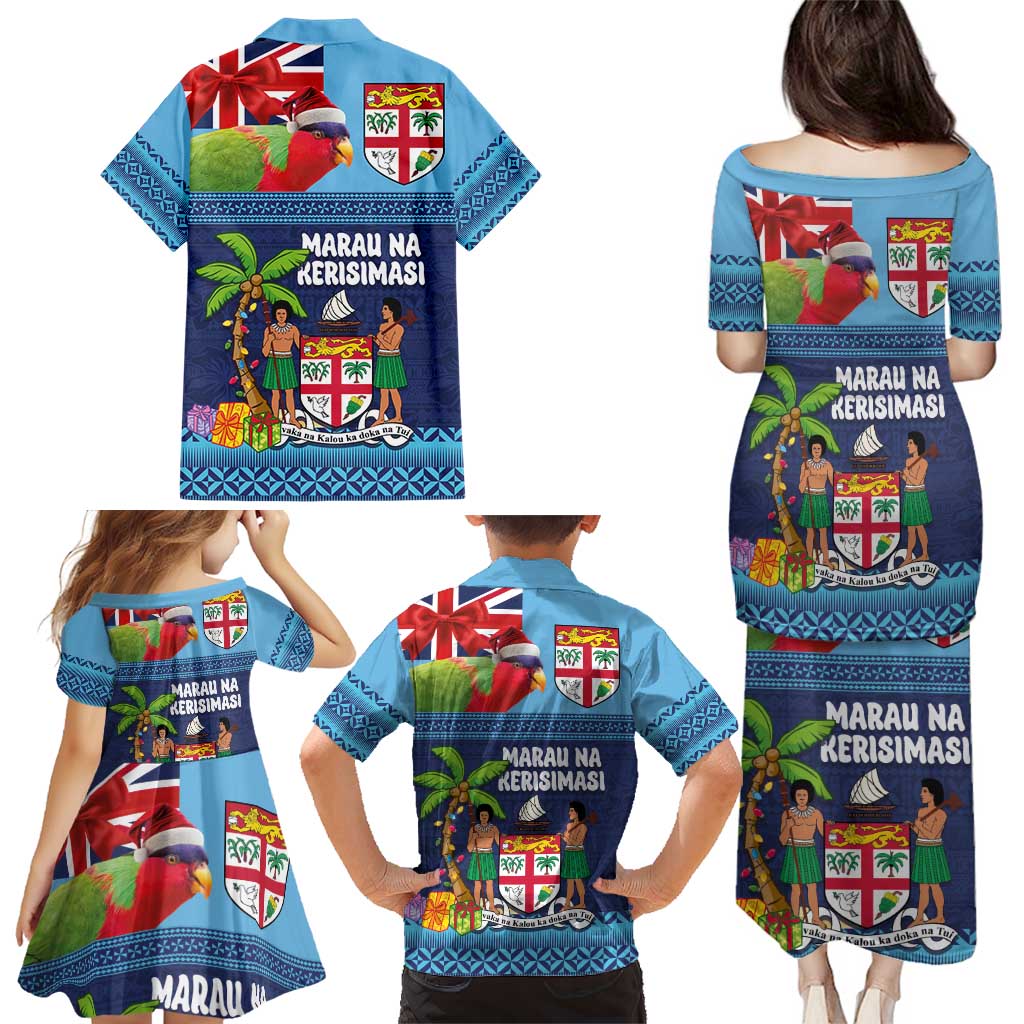 Fiji Marau na Kerisimasi Family Matching Puletasi and Hawaiian Shirt Christmas Collared Lory - Fiji Emblems and Xmas Palm Tree Tapa Art Pattern LT03 - Polynesian Pride
