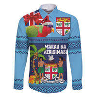 Fiji Marau na Kerisimasi Family Matching Puletasi and Hawaiian Shirt Christmas Collared Lory - Fiji Emblems and Xmas Palm Tree Tapa Art Pattern LT03 Dad's Shirt - Long Sleeve Blue - Polynesian Pride