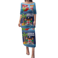 Fiji Marau na Kerisimasi Family Matching Puletasi and Hawaiian Shirt Christmas Collared Lory - Fiji Emblems and Xmas Palm Tree Tapa Art Pattern LT03 Mom's Dress Blue - Polynesian Pride