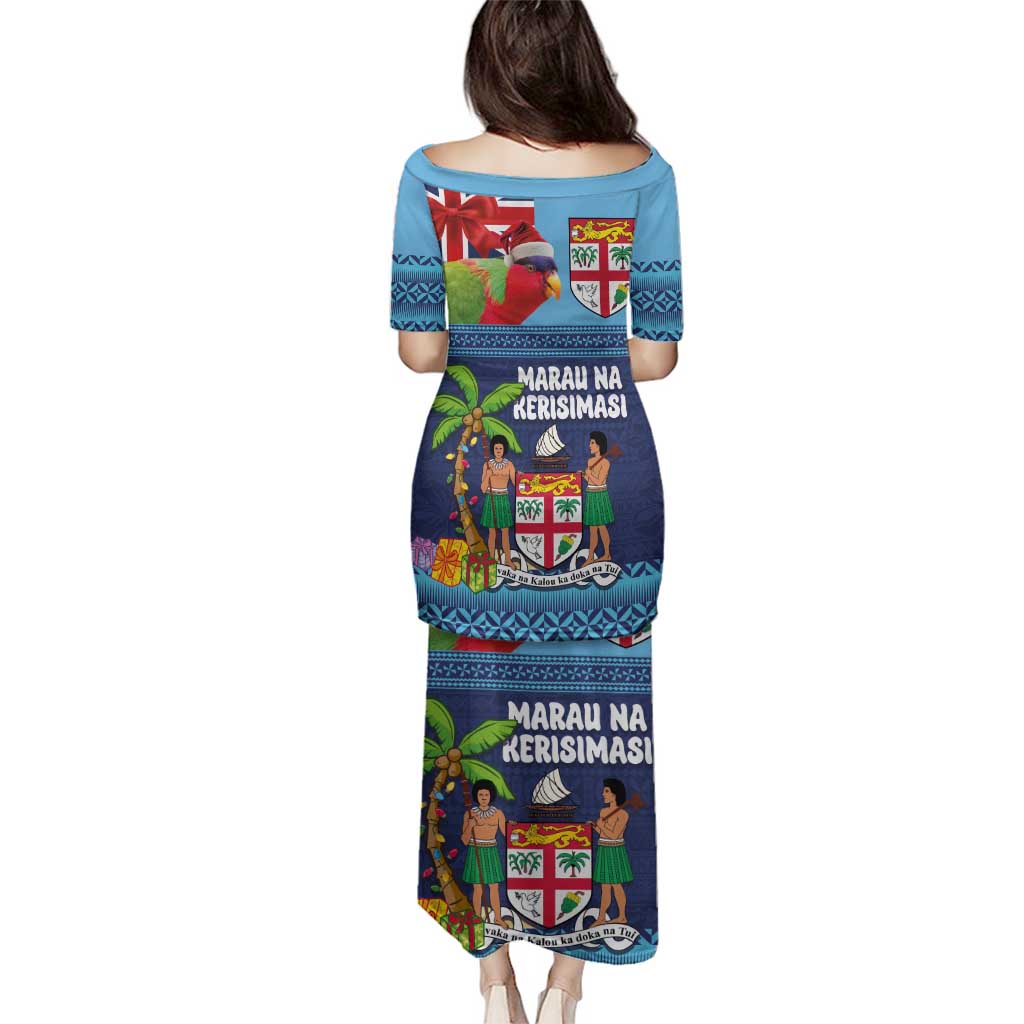 Fiji Marau na Kerisimasi Family Matching Puletasi and Hawaiian Shirt Christmas Collared Lory - Fiji Emblems and Xmas Palm Tree Tapa Art Pattern LT03 - Polynesian Pride