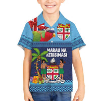 Fiji Marau na Kerisimasi Family Matching Puletasi and Hawaiian Shirt Christmas Collared Lory - Fiji Emblems and Xmas Palm Tree Tapa Art Pattern LT03 Son's Shirt Blue - Polynesian Pride