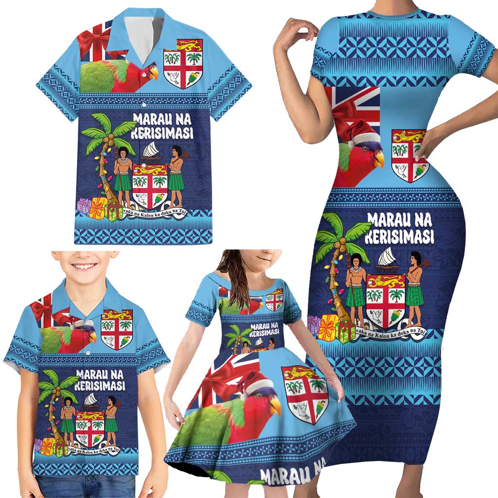 Fiji Marau na Kerisimasi Family Matching Short Sleeve Bodycon Dress and Hawaiian Shirt Christmas Collared Lory - Fiji Emblems and Xmas Palm Tree Tapa Art Pattern LT03 - Polynesian Pride