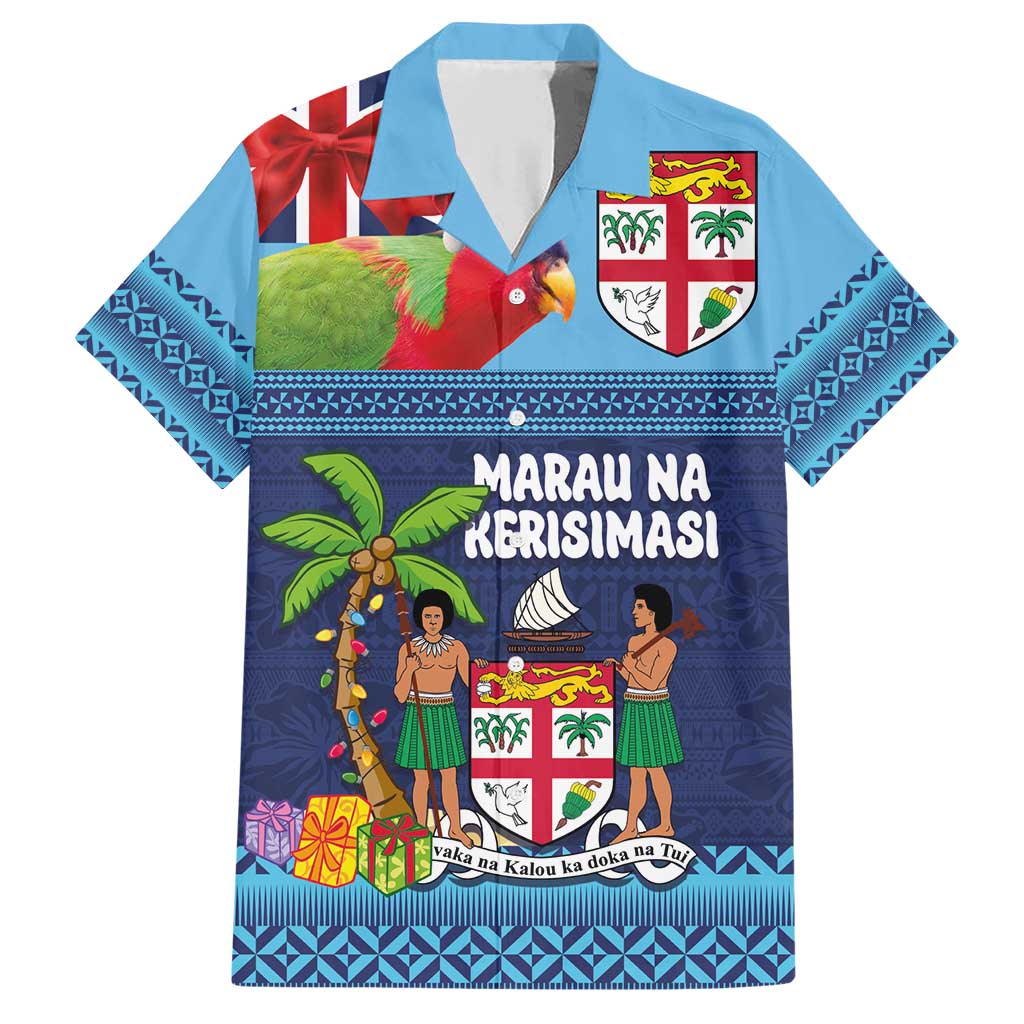 Fiji Marau na Kerisimasi Family Matching Short Sleeve Bodycon Dress and Hawaiian Shirt Christmas Collared Lory - Fiji Emblems and Xmas Palm Tree Tapa Art Pattern LT03 Dad's Shirt - Short Sleeve Blue - Polynesian Pride