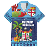 Fiji Marau na Kerisimasi Family Matching Tank Maxi Dress and Hawaiian Shirt Christmas Collared Lory - Fiji Emblems and Xmas Palm Tree Tapa Art Pattern LT03 Dad's Shirt - Short Sleeve Blue - Polynesian Pride