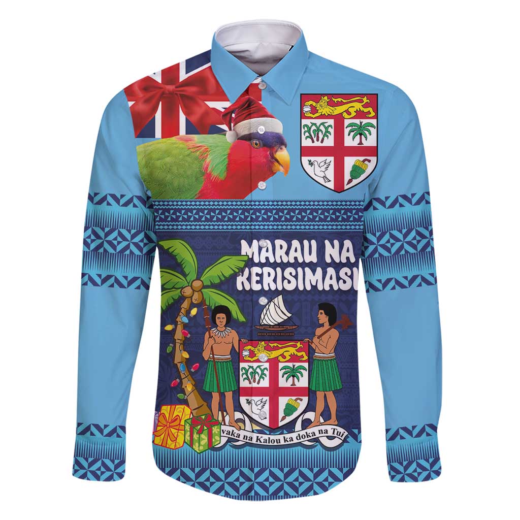 Fiji Marau na Kerisimasi Family Matching Tank Maxi Dress and Hawaiian Shirt Christmas Collared Lory - Fiji Emblems and Xmas Palm Tree Tapa Art Pattern LT03 Dad's Shirt - Long Sleeve Blue - Polynesian Pride