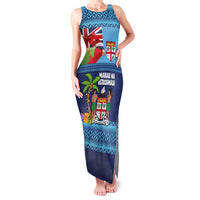 Fiji Marau na Kerisimasi Family Matching Tank Maxi Dress and Hawaiian Shirt Christmas Collared Lory - Fiji Emblems and Xmas Palm Tree Tapa Art Pattern LT03 Mom's Dress Blue - Polynesian Pride