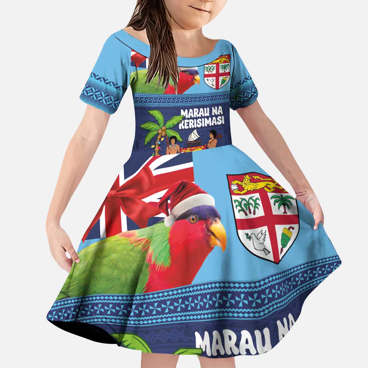 Fiji Marau na Kerisimasi Kid Short Sleeve Dress Christmas Collared Lory - Fiji Emblems and Xmas Palm Tree Tapa Art Pattern LT03 KID Blue - Polynesian Pride