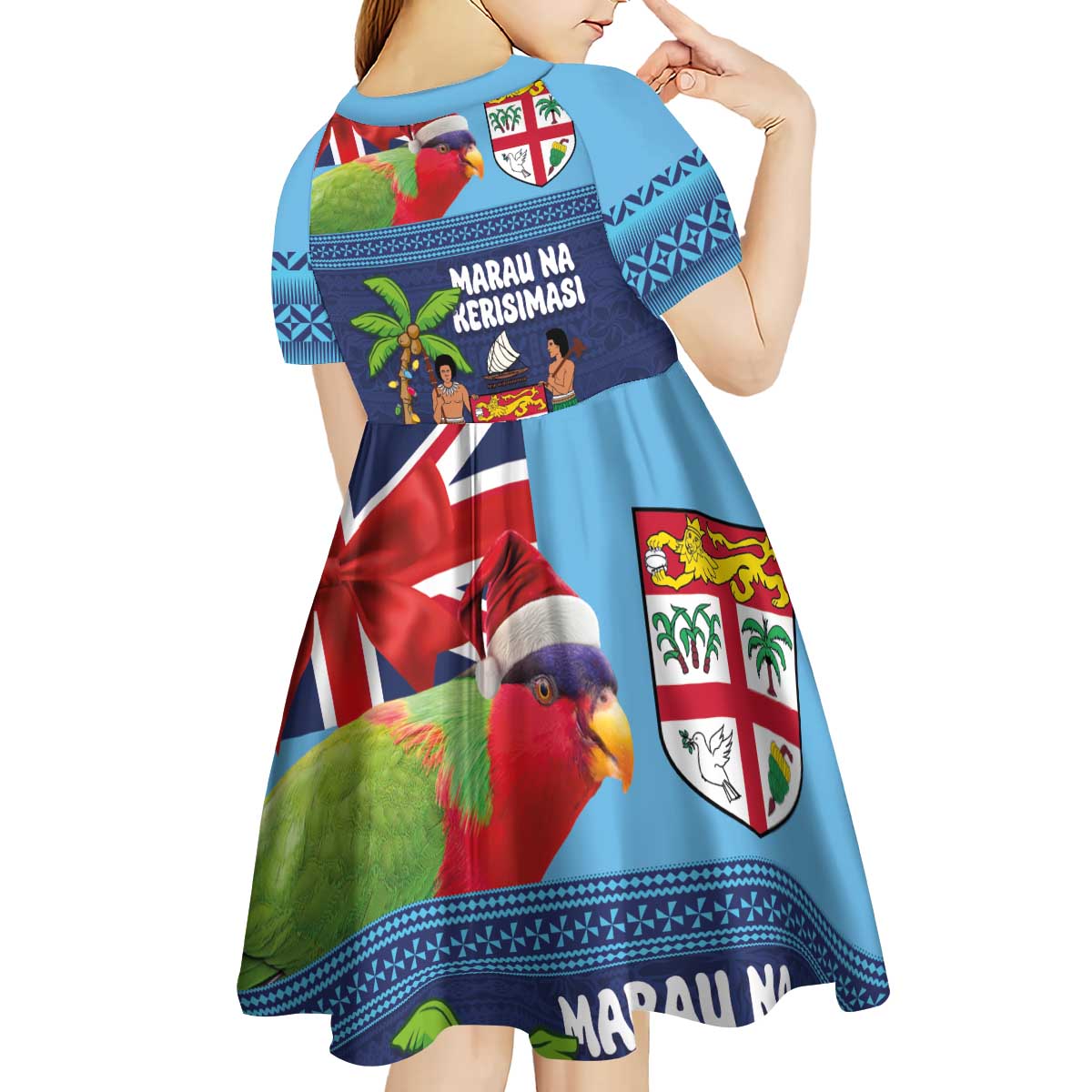 Fiji Marau na Kerisimasi Kid Short Sleeve Dress Christmas Collared Lory - Fiji Emblems and Xmas Palm Tree Tapa Art Pattern LT03 - Polynesian Pride