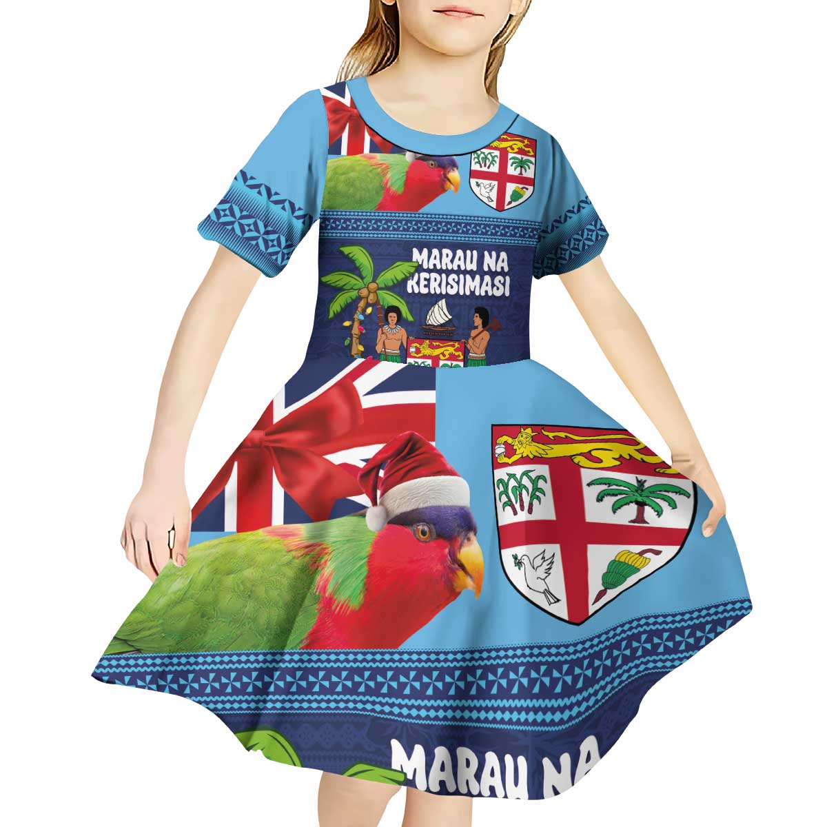 Fiji Marau na Kerisimasi Kid Short Sleeve Dress Christmas Collared Lory - Fiji Emblems and Xmas Palm Tree Tapa Art Pattern LT03 - Polynesian Pride